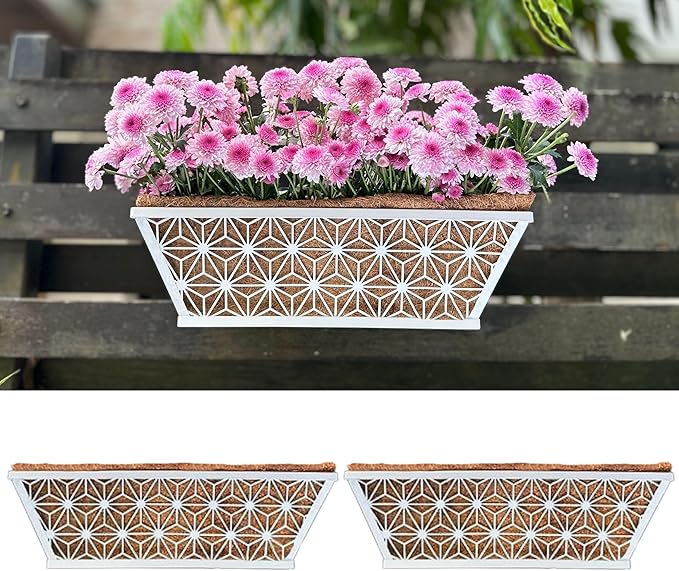 LaLaGreen Window Boxes Planter (2 Pack, 16 Inch) White Metal Rectangular Wall Planters with Coco Liner, Horse Trough Deck Railing for Outdoor Plants Holder, Modern Rail, Balcony, Fence, Porch Patio
