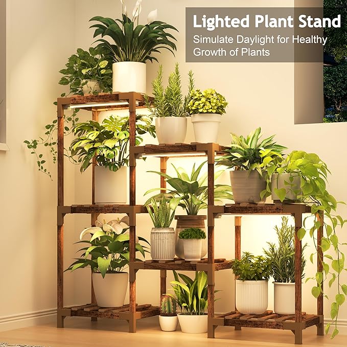 HOMKIRT Plant Stand with Grow Light, Plant Shelf Indoor for Mutiple Pots, 7 Tiers Wood Plant Ladder Holder Flower Stand for Corner Living Room Patio Boho Home Decor