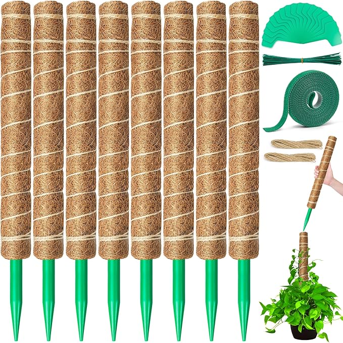 EAONE Moss Pole 128 Inch, 8 Pack 16" Monstera Plant Support for Climbing Potted Live Plants Indoor, Stackable Coco Coir Moss Sticks Monstera Stakes for Pothos Philodendron, with Garden Labels & Ties