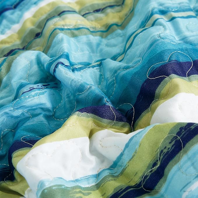 Chezmoi Collection Morgan 3-Piece Striped Quilt Set - Green Blue White Striped Printed Microfiber Lightweight Quilted Bedspread Set, King (118" x 95")