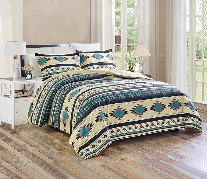 Chezmoi Collection 3-Piece Southwestern Geometric Tribal Multicolor Teal Beige Black Gray Comforter Set, Full Size