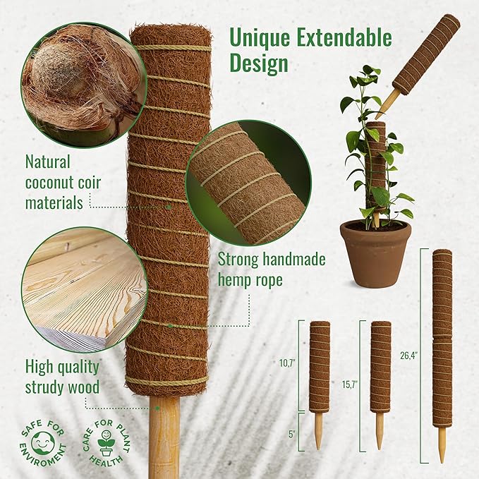 Organo Republic Moss Pole Monstera Plant Support Stakes - 26.4" Unique Self-Watering, Extendable Coco Coir Pole for Climbing Plant Supports for Potted Plants Indoor for Monstera, Pothos & More