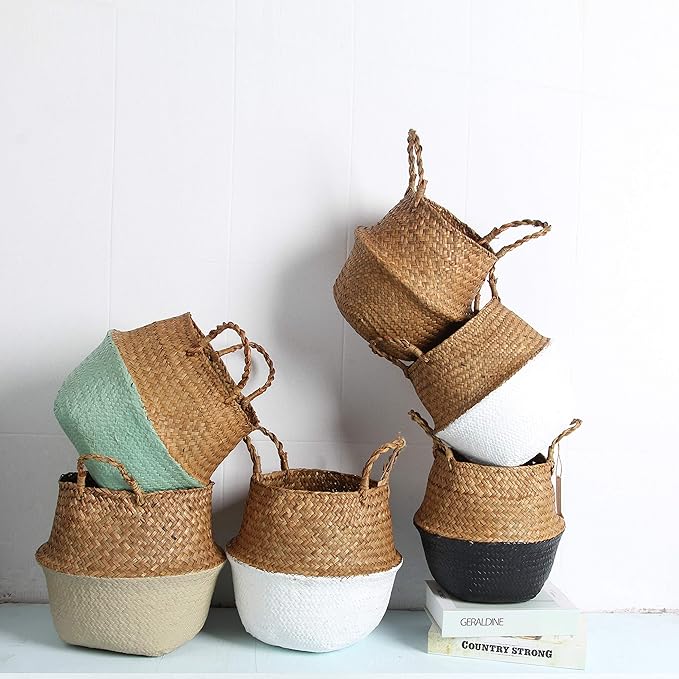 Woven Seagrass Belly Basket for Storage, Laundry, Picnic, Plant Pot Cover, and Grocery and Toy Storage (Black, Large)