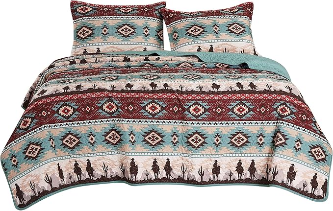 Chezmoi Collection Dune 3-Piece Southwestern Cowboys Aztec Quilt Set - Multicolor Teal Brown Beige Tan Red Printed Microfiber Bedspread Set, King (118" x 95")