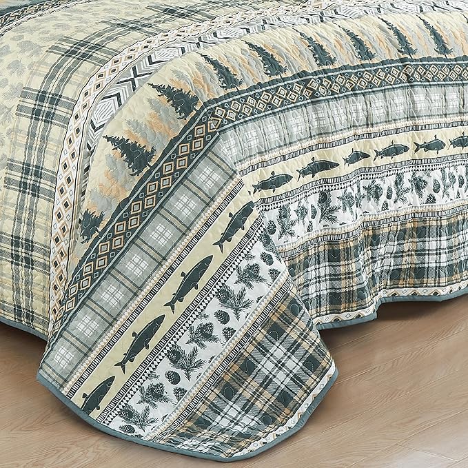 Chezmoi Collection Lake 3-Piece Lodge Quilt Set King - Multicolor Pine Tree Fish Deer Explorer Mountain Printed Microfiber Lightweight Bedspread Set for All Season