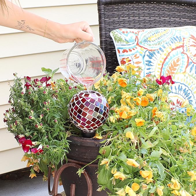 Sunnydaze Mosaic Glass Plant Watering Globe with Clay Spike - Decorative Self-Watering Planter Insert - Water Dripper for Plants - 9.5" - Magenta Medley -24-Pack