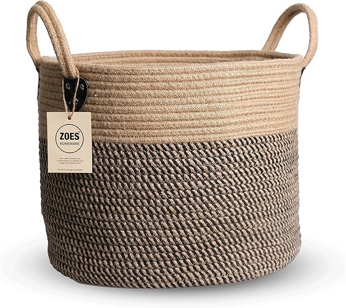 ZOES HOMEWARE 14"x12" Natural Jute Rope Woven Storage Basket with Handles for Plant, Blankets,Toys,Clothes,Shoes - Living Room Home Decor,Multifunctional Basket for Organizer,Picnic,Artificial Tree