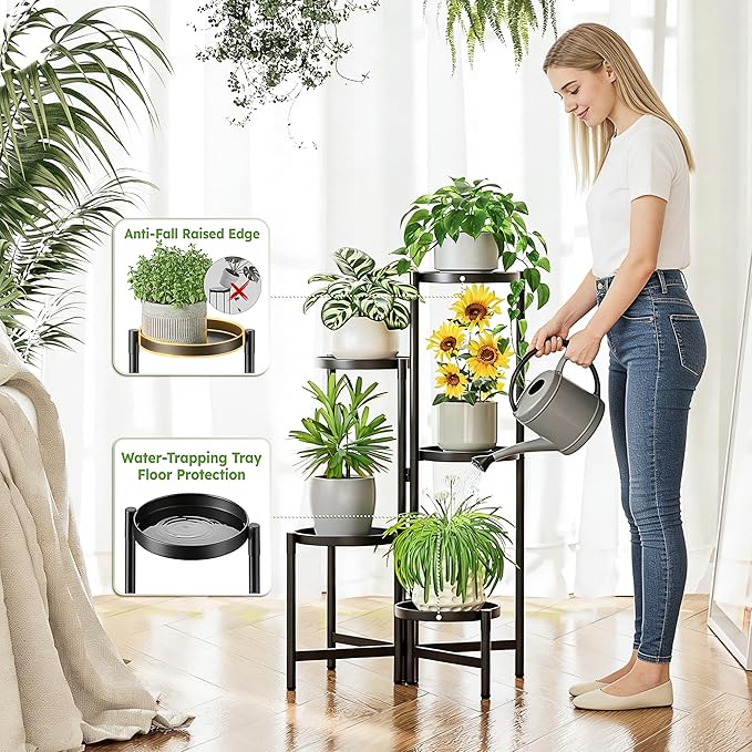 Stand Plants, 5 Tier Large Plant Stand Indoor, 7.9 Inch Wide Tall Corner Metal Plant Stands Outdoor for Multiple Plants, Foldable Tiered Flower Display Holder Rack Shelf for Patio Porch Balcony
