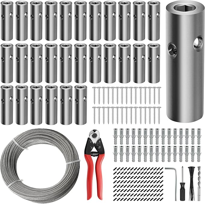 Wire Trellis for Climbing Plants Outdoor, 30-Set Wall Wire Trellis Kit with 1/8in x 150ft Stainless Steel Cable & Cutter, T316 Cylindrical Espalier System for Fence and Garden DIY Projects