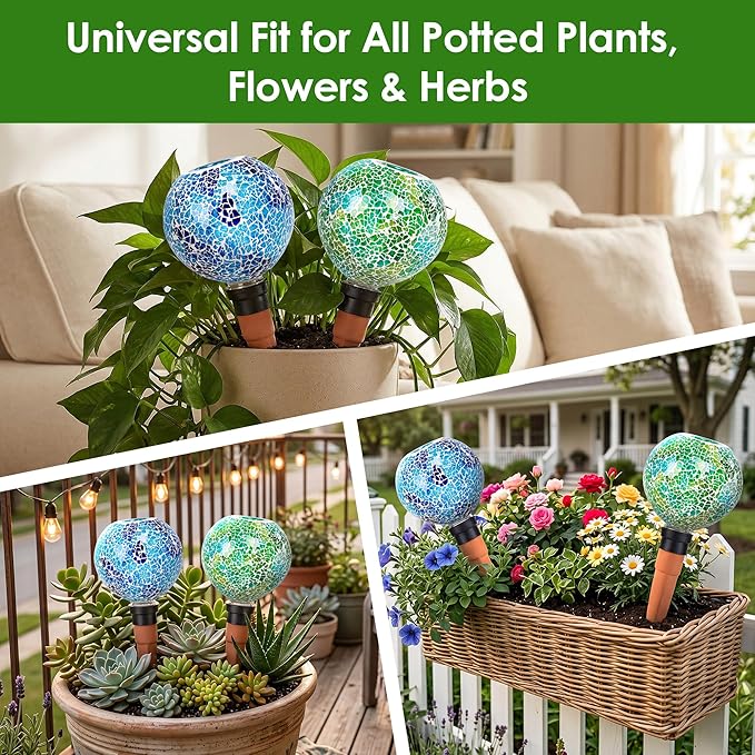 Terracotta Watering Spikes Mosaic Plant Watering Globes for Outdoor Plants 2 Pack Automatic Plant Waterer Indoor for Pots Garden Office