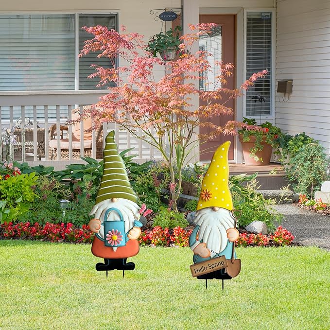 Metal Gnome Decorative Garden Stakes,23.8” Set of 2 Spring Garden Gnomes Outdoor Decor with Flower Butterfly Watering Can Ornament, Gnomes Decorations for Yard Lawn Backyard Porch Outside Decorations