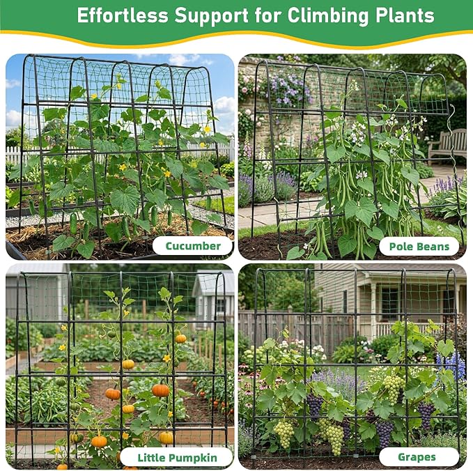 Garden Arch Trellis for Climbing Plants, Plastic-Coated Steel Trellis with Easy-Connect System, Includes Net, Ties & Gloves, Outdoor Plant Support for Vegetables (63" L x 63" H)