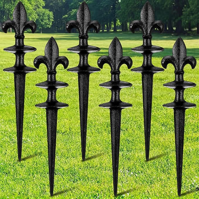 Tandefio 6 Pcs Fleur De Lis Garden Hose Guide Stakes, Heavy Duty Decorative Antique Black Cast Iron Metal Hose Guides, Plant Protector for Lawn Yard Flower Bed