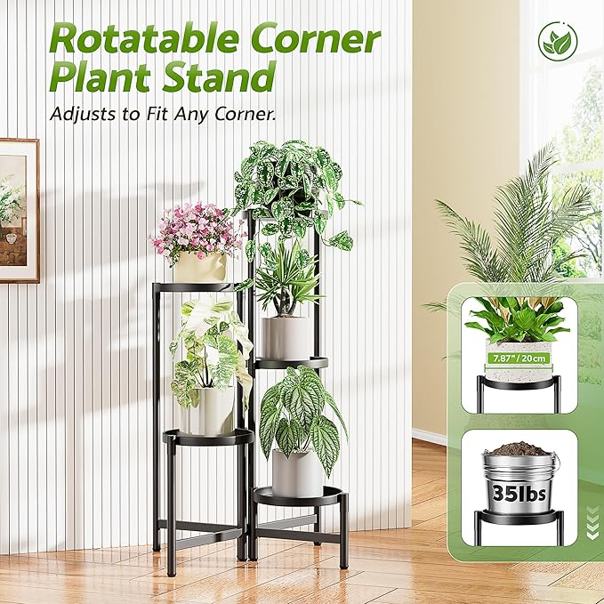 Stand Plants, 5 Tier Large Plant Stand Indoor, 7.9 Inch Wide Tall Corner Metal Plant Stands Outdoor for Multiple Plants, Foldable Tiered Flower Display Holder Rack Shelf for Patio Porch Balcony