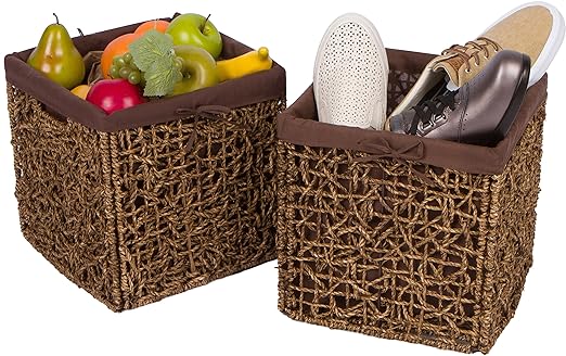 Trademark Innovations 10.6" Foldable Seagrass Storage Basket with Liner and Iron Wire Frame (Set of 2)