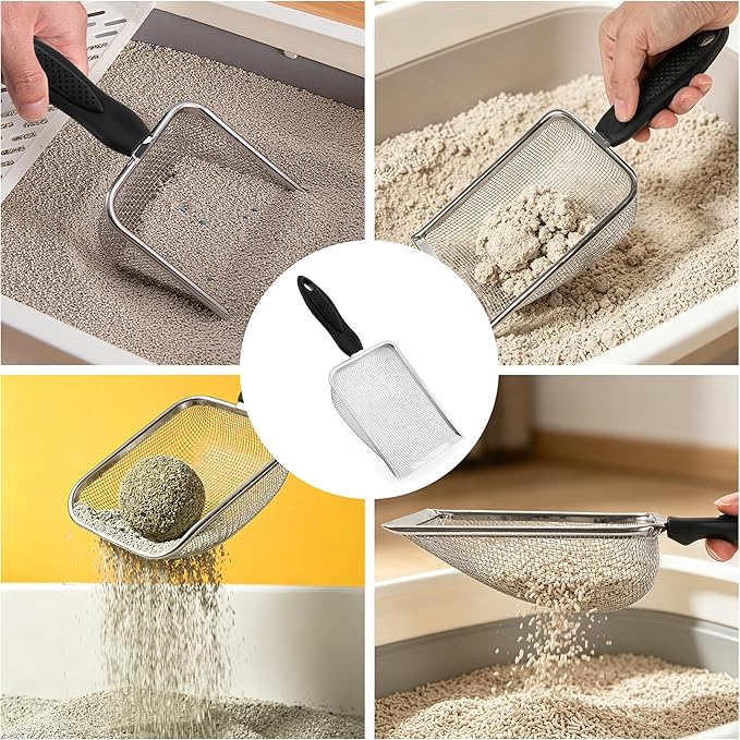 Stainless Steel Mesh Litter Shovel, Metal Non-Slip Black Handle Sifter, Fine Mesh Reptile Cleaner Scooper for Lizard Substrate, Reptile Terrarium Sand & Waste