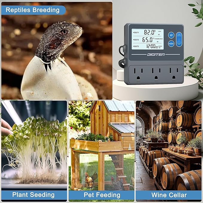 DIGITEN Reptile Temperature and Humidity Controller with Timer Outlet, Day-Night Function Thermostat, 3-Stage Outlet Plug in Temperature Controller for Reptile, Mushroom, Homebrew