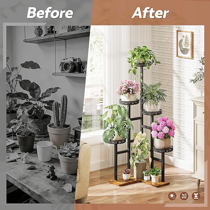 Plant Stand 6 Tier Indoor Outdoor Metal Wood Flower Shelf Corner Flower Holders for Living Room Balcony Garden Patio