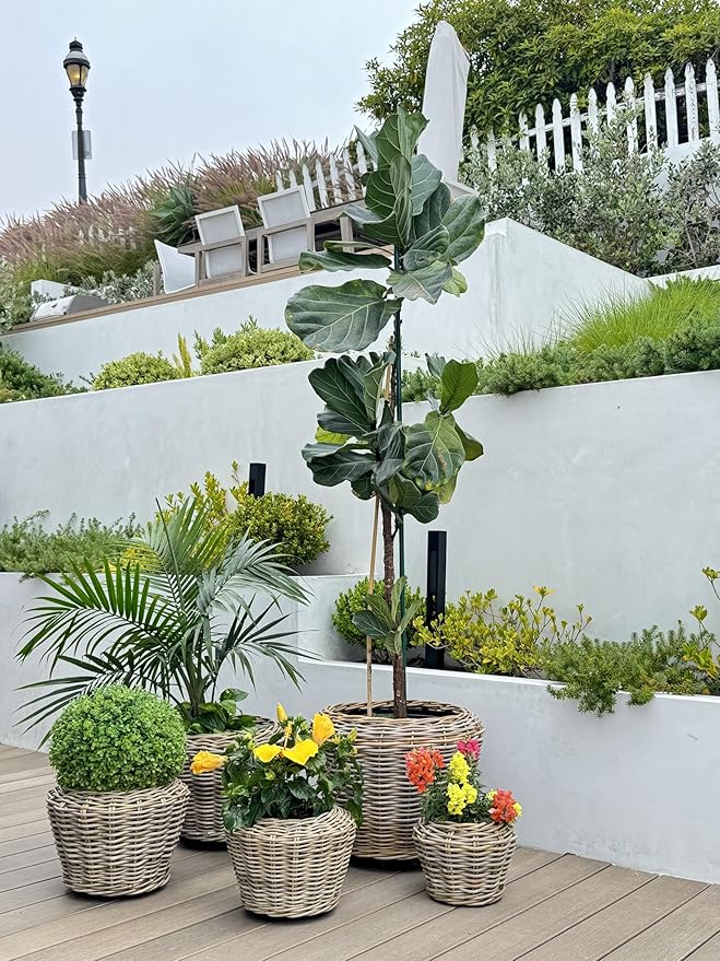 Rattan Kobo Indoor Outdoor Planter Basket with Plastic Pot X Large 12 Gallon Soil Capacity