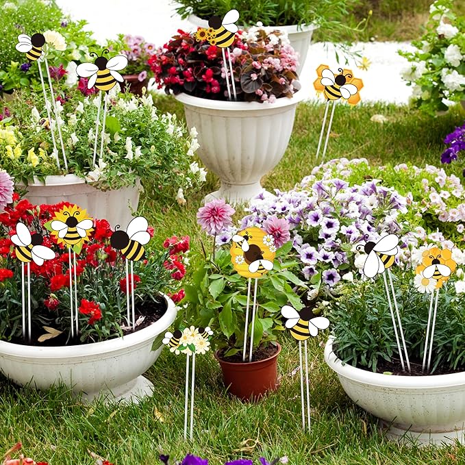 Bee Garden Stake Decor - 12 Pcs Yellow Working Bee Art Stick Floral Picks Garden Yard Metal Decorative Stake Sign Spring Summer Outdoor Backyard Pathway Lawn Plant Flower Pots Decoration