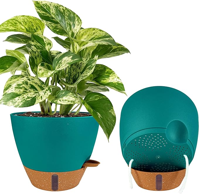 2 Pack 10 inch Plant Pots, Plastic Self Watering Planters with Drainage Holes, Deep Reservoir, Water Level Indicator, Modern Decorative Flower Pots for Indoor Outdoor Plants (Turquoise)