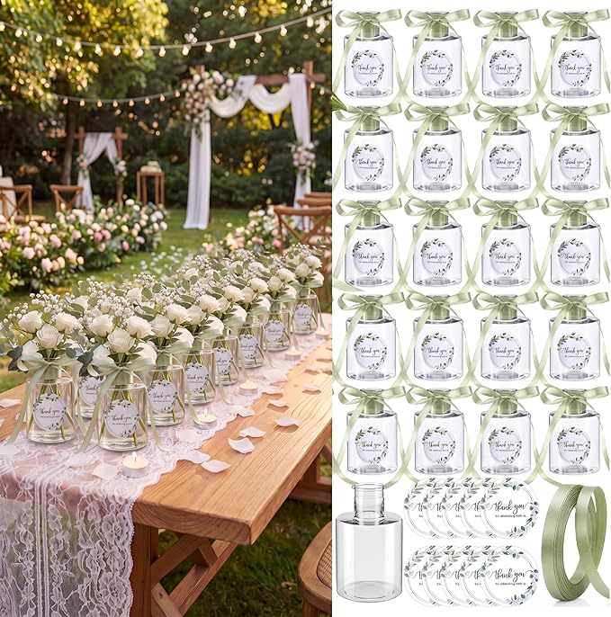 30 Set 4.33'' Plastic Plant Propagation Stations Gifts Bulk 4oz Plant Propagation Jars Planter Vase with Thank You Tags and Ribbons for Guests Wedding Bridal Shower(Green Leaves)