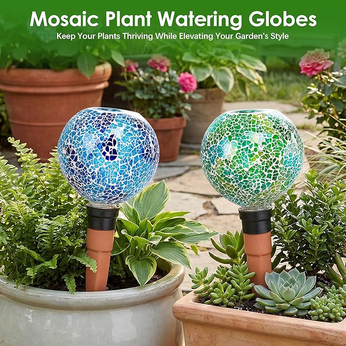 Terracotta Watering Spikes Mosaic Plant Watering Globes for Outdoor Plants 2 Pack Automatic Plant Waterer Indoor for Pots Garden Office