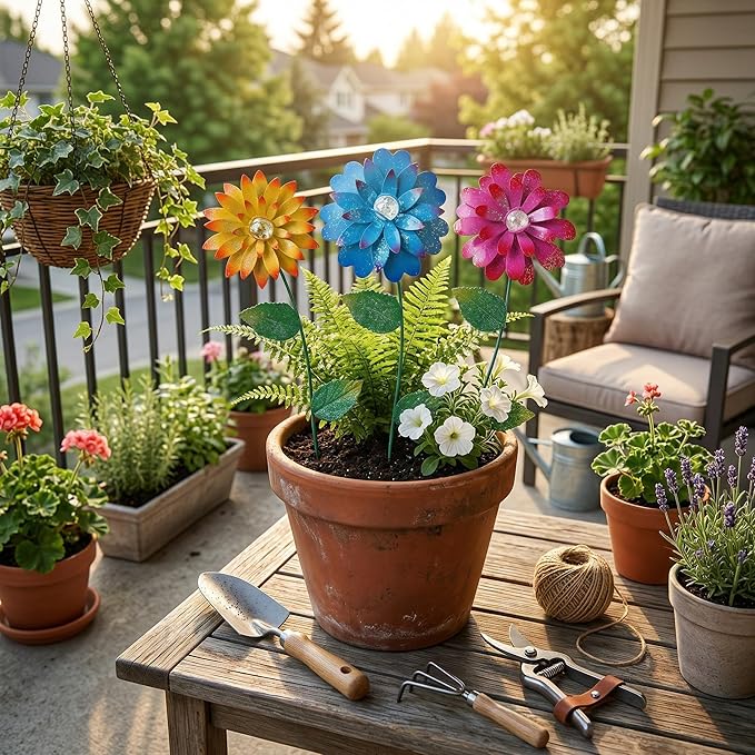 TZSSP 3-Pack Floral Garden Stakes Decor Tricolor Outdoor Glow in Dark,14 inch Metal Flowers Outdoor Decor Waterproof Metal Flower Sticks for Patio, Lawn, Yard Decorations