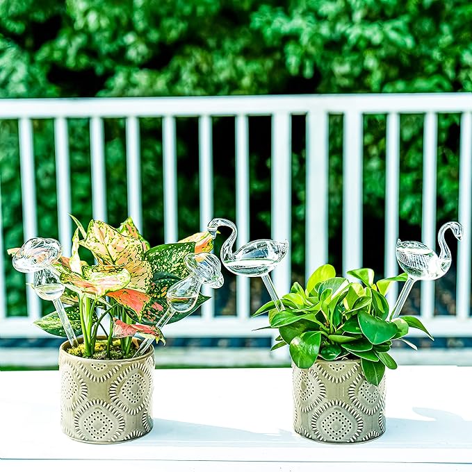 Kingbuy Self Watering Globes Plant Waterer Device Swan Shape Hand Blown Clear Glass Bulb for Indoor Outdoor Plants, 2 Pack