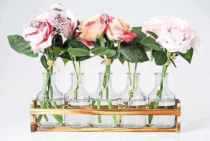 Le'raze Glass Flower Vase with Wooden Holder, Set of 6 Rectangular Bud Vases for Home Decor, Wedding, Mother's Day, Clear Glass, Metal Stand