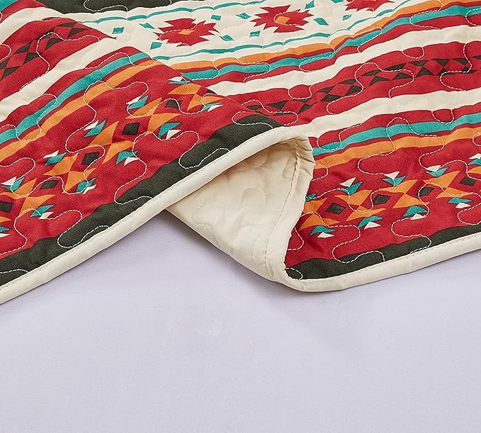 Chezmoi Collection 3-Piece Southwestern Geometric Tribal Quilt Set - Multicolor Cream Red Teal Orange Lightweight Quilted Bedspread Set, Queen (100" x 95")