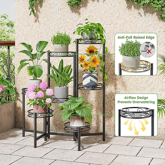 Metal Plant Stand Indoor Outdoor 7 Tier Multiple Flower Pot Holder Shelf Planter Display Shelving Unit for Patio Garden Corner Balcony Living Room Black Circle