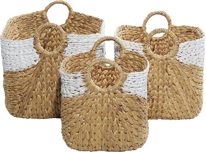 Deco 79 Seagrass Handmade Two Toned Storage Basket with Handles, Set of 3 19", 17", 15"W, Brown