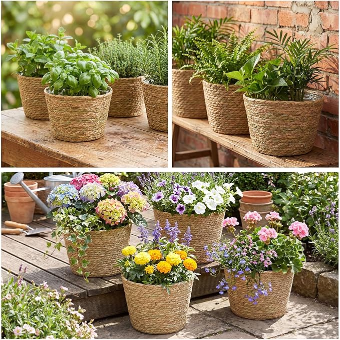 4 Pcs Straw Plant Baskets Indoor Rattan Woven Flower Baskets with Plastic Liner, Cattail Plant Planter for Indoor Outdoor Rustic Boho Home Farmhouse Floor Potted Pots Decor
