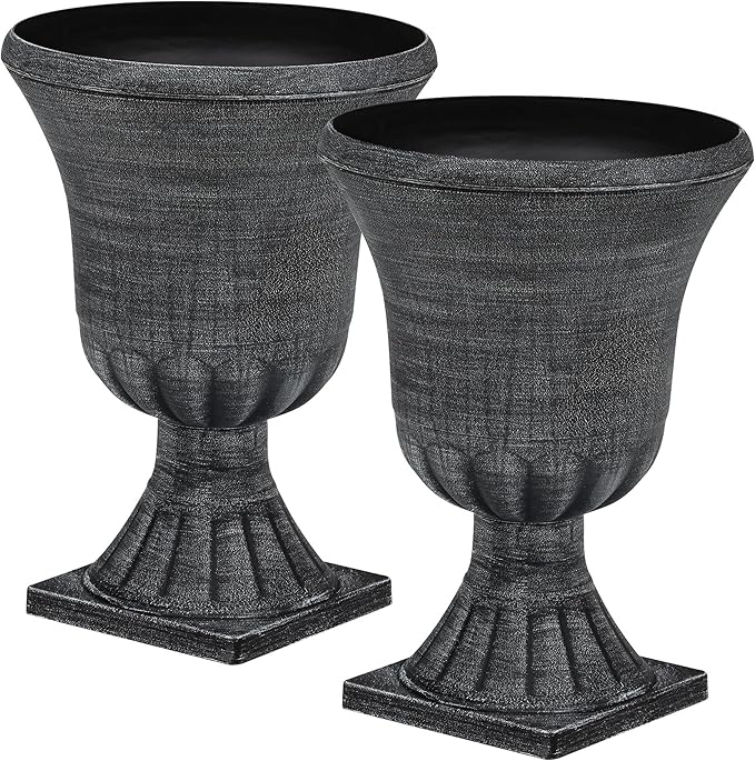 Autodaya 22" Timeless Urn Planters for Outdoor Plants, Set of 2 Plastic Large Flower Pot with Handmade Washed Black Finish, Weather-Resistant for Porch, Garden, Patio or Indoor Use