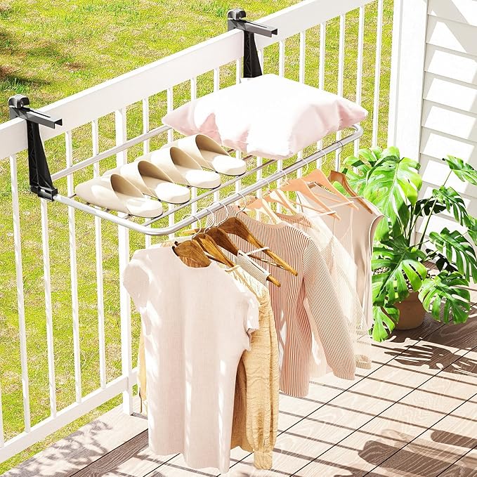 Tangkula Portable Clothes Drying Rack, Extendable Radiator Clothes Airer with Robust Aluminum Frame for Balcony Railings Windowsill, Folding Towel Rack for Indoor & Outdoor Use (Large)