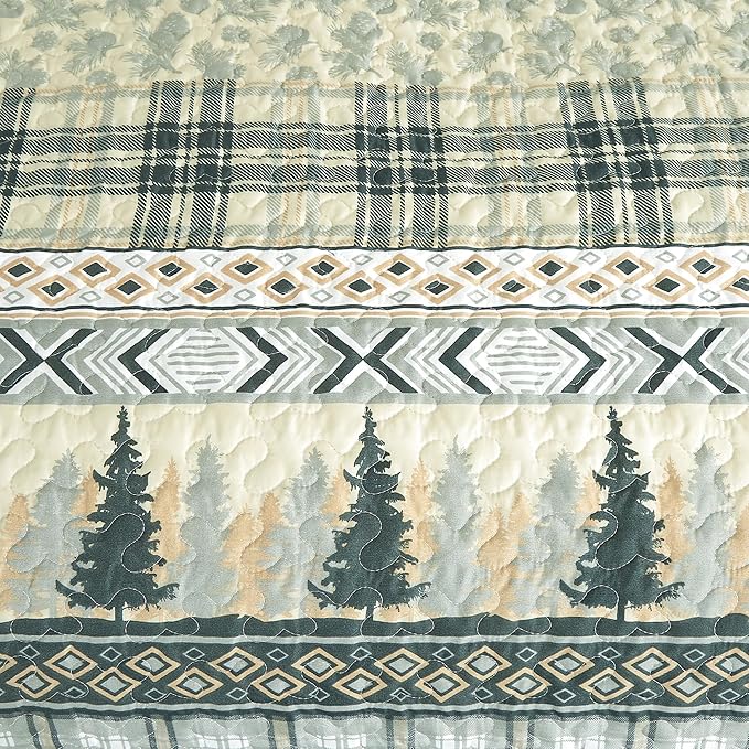 Chezmoi Collection Lake 3-Piece Lodge Quilt Set Queen - Multicolor Pine Tree Fish Deer Explorer Mountain Printed Microfiber Lightweight Bedspread Set for All Season