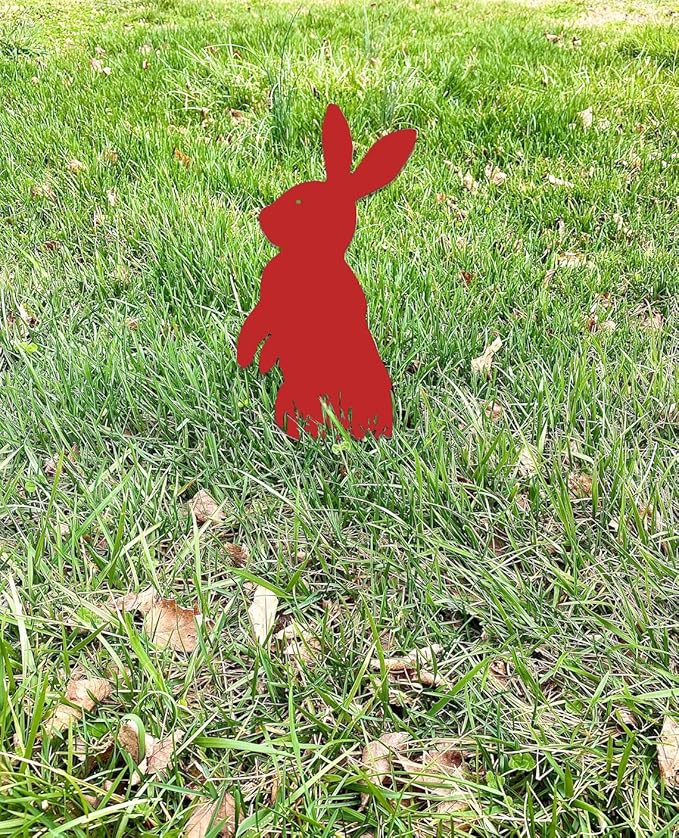 Metal Rabbit Yard Stake, Rustic Rabbit Standing Art, Easter Bunny, Easter Spring Decor, Metal Garden Stake, Metal Yard Art(Red,9”x16” /23cm x 41cm)