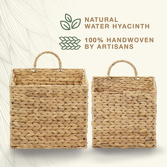 Set of 2 Wicker Hanging Basket for Organizing, Front Door, Mail, Flowers - Woven Wall Baskets for Storage
