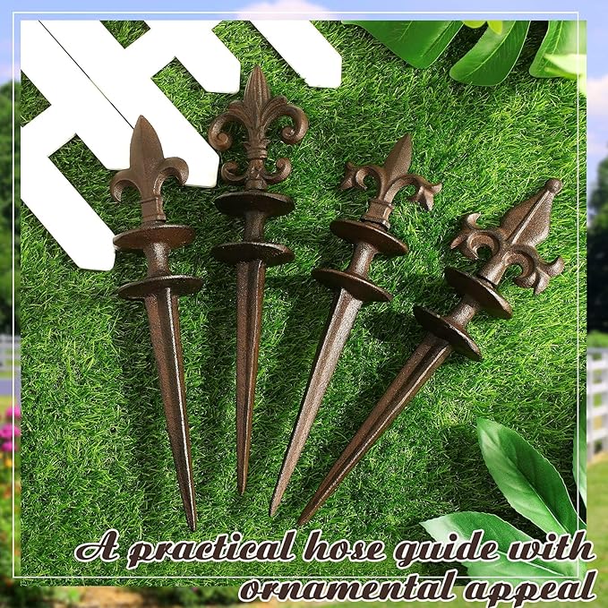 4 Pcs Antique Garden Hose Guide Spike, 13.7" Fleur De Lis Decorative Cast Iron Finial Stakes Heavy Duty Metal Plant Saver Tools Outdoor Hose Protection for Lawn Yard Patio(Rust,Assorted Styles)