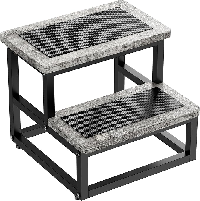 SZLHANJZ Step Stools for Kids Adults, Heavy Duty Stepping Stools Bed Steps for High Beds, Non-Slip Metal and Wooden 2 Steps Foot Stool for Bedside Kitchen, Round Corner, 500 Lbs Capacity, Gray Pattern