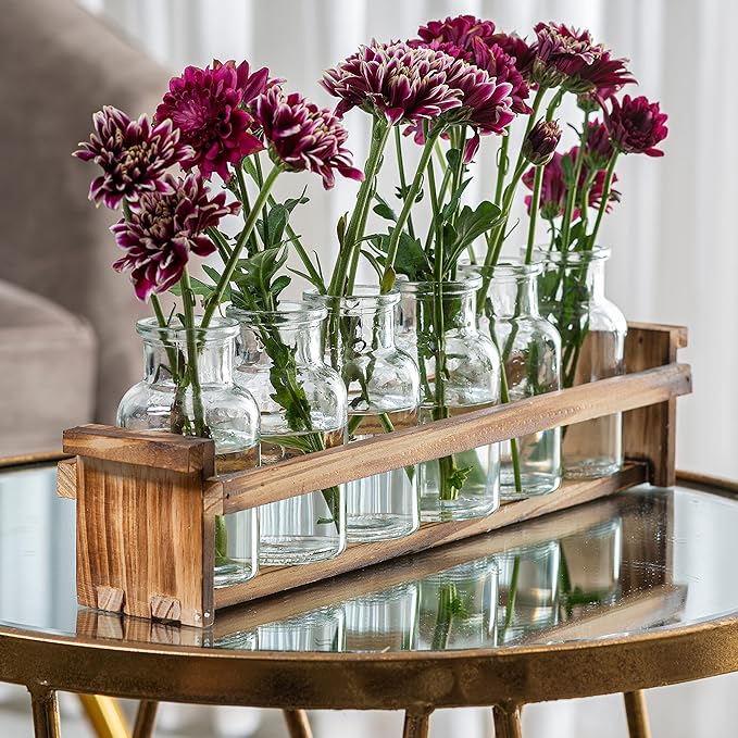 Beautiful Glass Flower Vase with Wooden Plant Stand & 6 Bud Vases, Decorative Glass Bottles for Home Décor, Dining Table Centerpiece, Wedding, Bridal Shower, Events - Vintage Medicine Bottles.