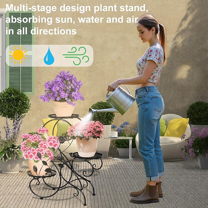 3-Tiers Metal Plant Stand Indoor, Heavy Duty Flower Pot Stands for Multiple Plant, Anti-Rust Iron Plant Pot Shelf, Stable Plant Holder, Ladder Plant Pot Holder for Living Room Patio Boho Home Decor for Gardening Visit the HLC Store