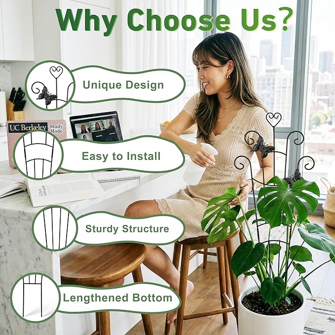 32.6in Plant Trellis for Climbing Plants Indoor with Butterflies, Expandable Large Metal Trellis for Potted Plants, Heavy-Duty Tall Pothos Plant Climber Support for Ivy Pothos Hoya Monstera, 4P