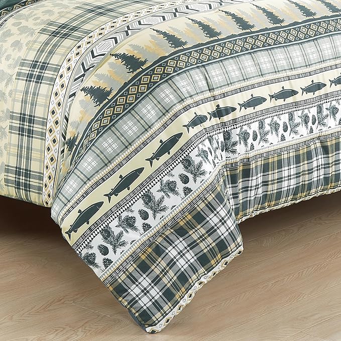 Chezmoi Collection Ridge 7-Piece Northwest Cabin Lodge Bed in a Bag California King Comforter Set - Multicolor Pine Tree Fish Deer Printed Microfiber Bedding Set