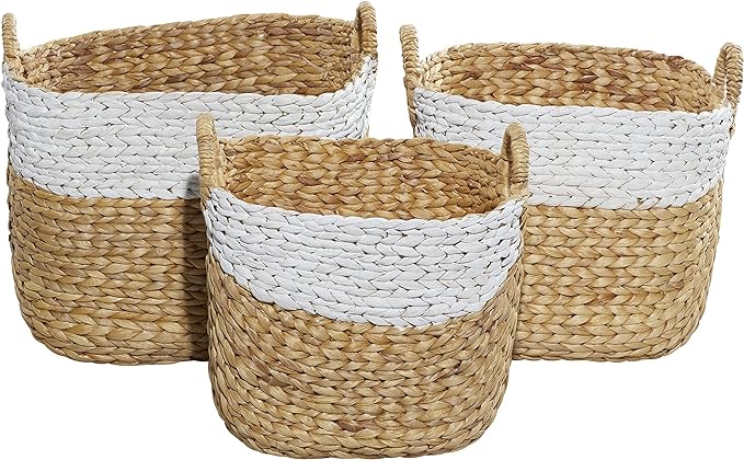 Deco 79 Seagrass Handmade Two Toned Storage Basket with Handles, Set of 3 19", 17", 15"W, Brown