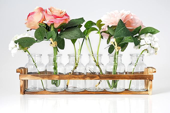 Beautiful Glass Flower Vase with Wooden Plant Stand & 6 Bud Vases, Decorative Glass Bottles for Home Décor, Dining Table Centerpiece, Wedding, Bridal Shower, Events - Vintage Medicine Bottles.
