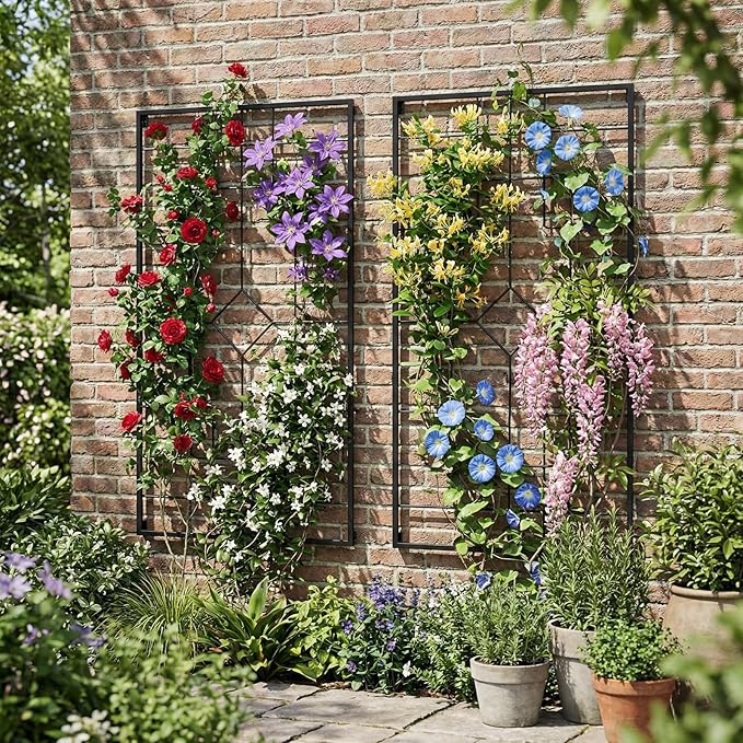 MyGift Wall Mounted Garden Trellis, 3.9 ft Black Metal Geometric Vintage Art Deco Lattice Frames for Climbing Plants and Vines