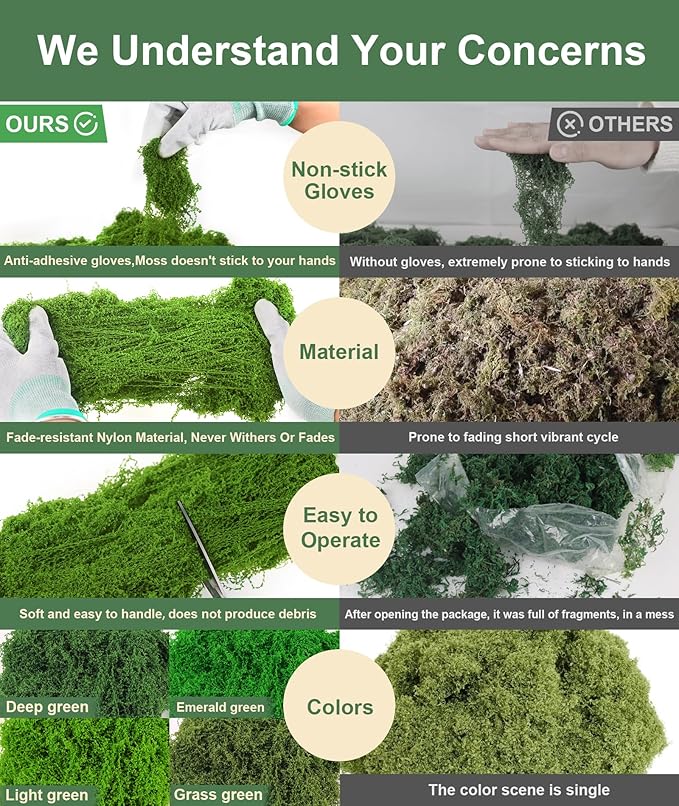 MGLIFEUL 12OZ Artificial Fake Moss for Crafts Plants Indoor with Non-Stick Gloves and Tweezers，Preserved Green Plant Faux Craft Moss Musgo for Fairy Garden Indoor Outdoor Home Decorating Model Making