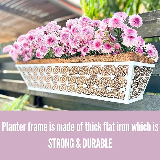 LaLaGreen Window Boxes Planter (2 Pack, 24 Inch) White Metal Rectangular Wall Planters with Coco Liner, Horse Trough Deck Railing for Outdoor Plants Holder, Modern Rail, Balcony, Fence, Porch Patio